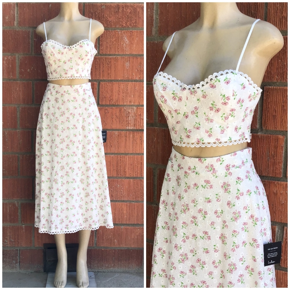 Lulu's Vintage Ivory Eyelet Embroidered Floral 2-Piece Midi Skirt Set